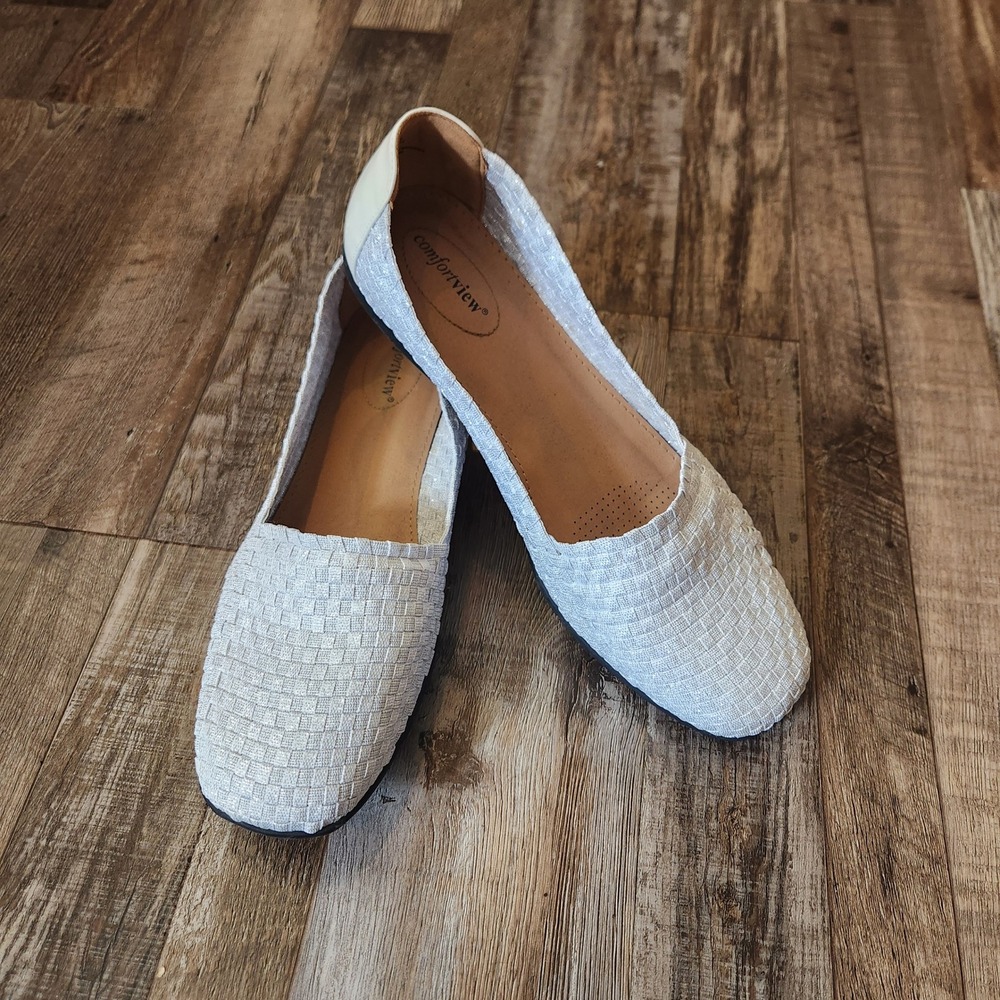 Comfortview Bethany Silver Woven Loafers 13WW White Heel Square Toe Flats Shoes